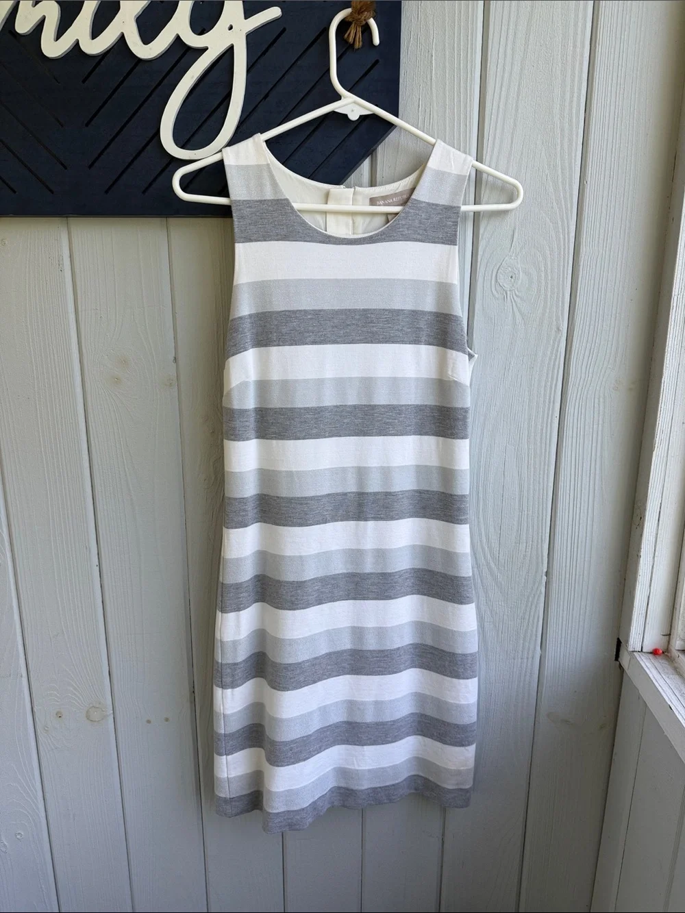 Banana Republic Gray and White Striped Sleeveless Shift Dress